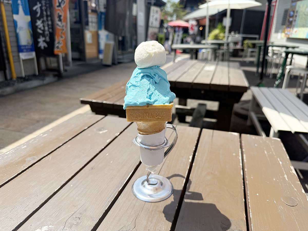 朝霧高原の牛乳を使い、毎朝その日の販売分だけ作るジェラート店『ぷくいち』のイチオシ商品は「富士山ジェラート」500円。トップはミルク味、青いジェラートはバナナやヨーグルトなど日替わりで登場します。